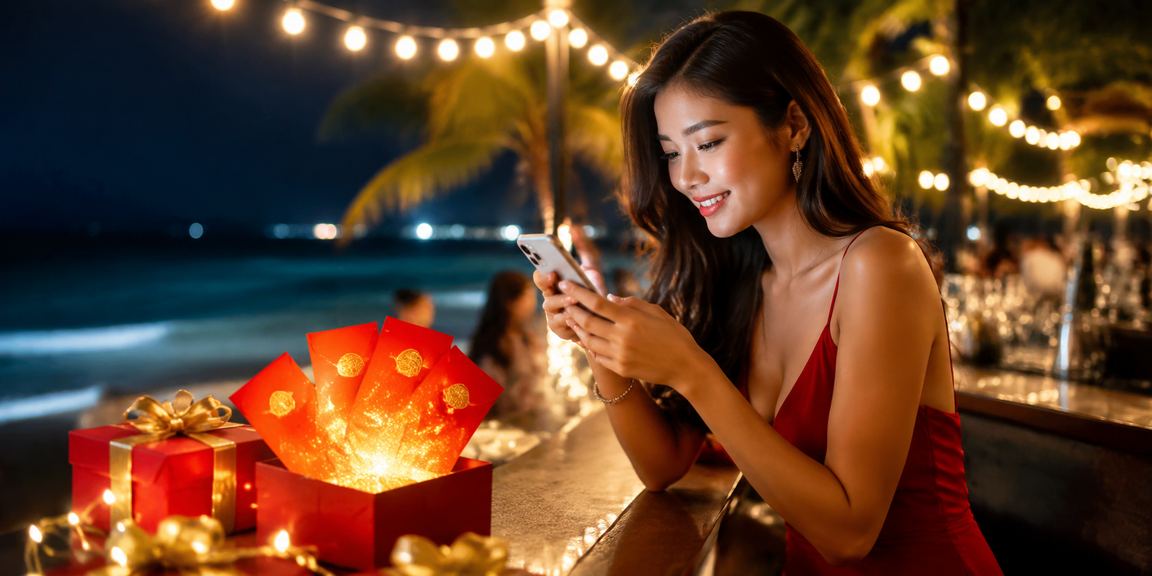Người dùng tại bãi biển Phú Quốc nhận lì xì thưởng khuyến mãi từ 541 trên điện thoại